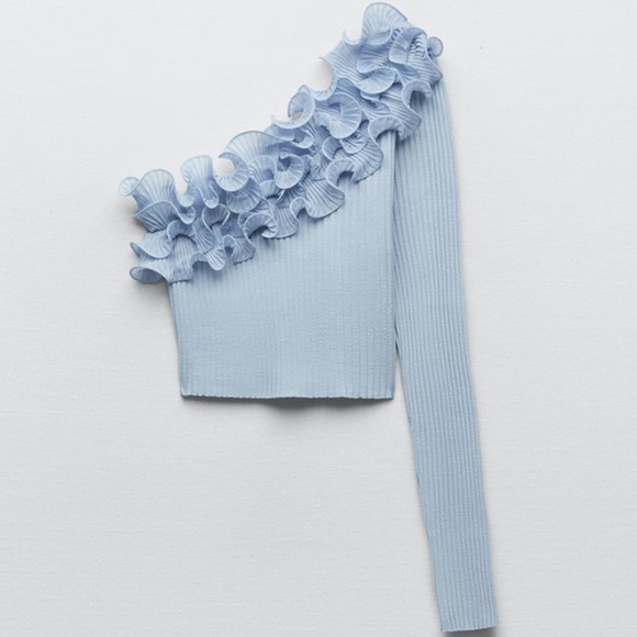 NWT ZARA Asymmetrical Blue Off Shoulder & Long Sleeve Top - Picture 6 of 12